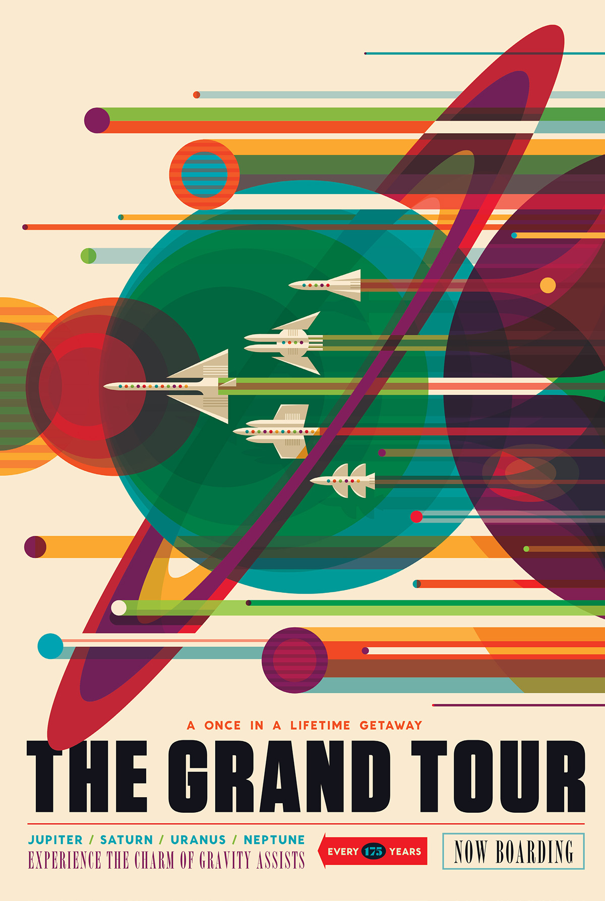 An retrofuturistic travel poster showiong the giant planets and their moons and a series of spacecrafts travelling among them