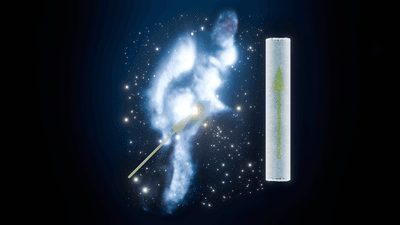 an impression of the interstellar cloud and next to it an ice core. An arrow is seen in the ice core and across the cloud