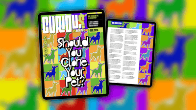 The cover of IFLScience's CURIOUS magazine as shown on an iPad. The background is a pop art-style illustration of a dog. The cover line in white says “should you clone your pet?”