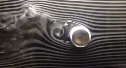 Magnus-Robins effect in a low Reynolds smoke windtunnel.