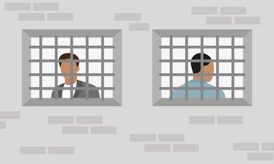2D illustration of two figures behind bars in neighboring cells, viewed from outside