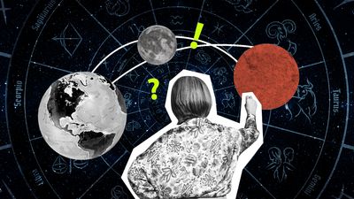 A collage image showing a woman in a floral blouse - in black and white - looking the Earth, the moon and possibly Mars, the latter of which is red. There are lines linking these three celestial objects and between them is a yellow explanation mark and a question mark. These pieces have been set against a black stary background with the signs of the Zodiac projected over it.