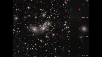A galaxy cluster showing many large elliptical galaxies curving the spacetime so that the background galaxies are shifted