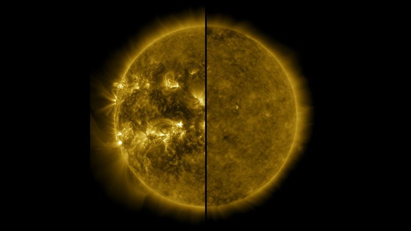 A split image showing an active Sun during solar maximum (on the left, taken in 2014) and a quiet Sun during solar minimum (on the right, taken in 2019).