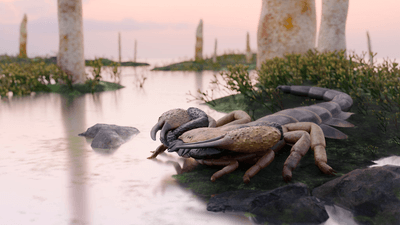 a huge scorpion stands by the water's edge
