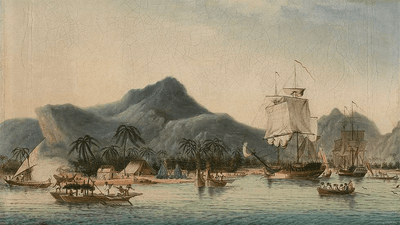Painting of Captain Cook's ships in Tahiti.