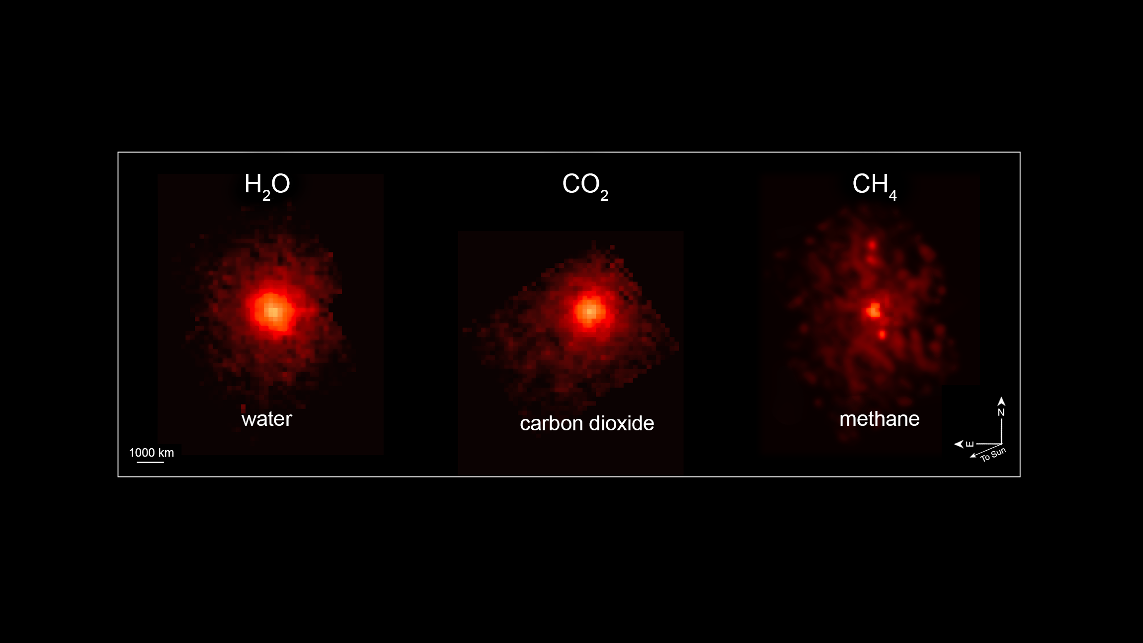 The composite image shows three side-by-side maps of different chemical species. The maps are mostly red with a bright orange centre, resembling pixelated clouds glowing on a black background. From left to right they are labelled “water”, “carbon dioxide” and “methane”.