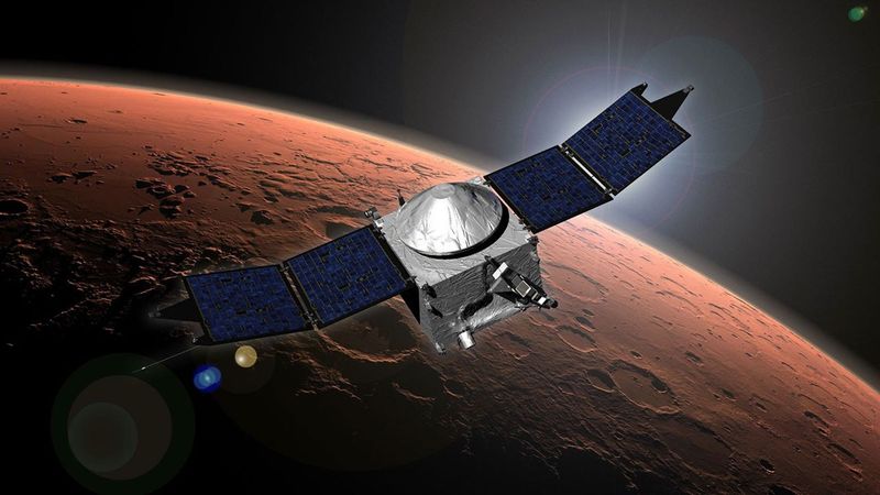 The Maven spacecraft is quite boxy with wide solar panels and it is rendered flying about the red planet