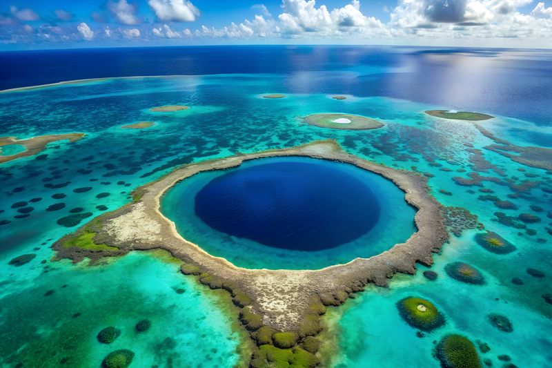 The Great blue Hole of Belize photographed from the air with the light blue tropical sea and the rocky atoll that surrounds the hole with the almost perfectly round, much deeper blue hole inside it.