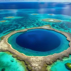 The Great blue Hole of Belize photographed from the air with the light blue tropical sea and the rocky atoll that surrounds the hole with the almost perfectly round, much deeper blue hole inside it. 