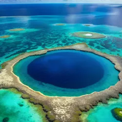 The Great blue Hole of Belize photographed from the air with the light blue tropical sea and the rocky atoll that surrounds the hole with the almost perfectly round, much deeper blue hole inside it. 