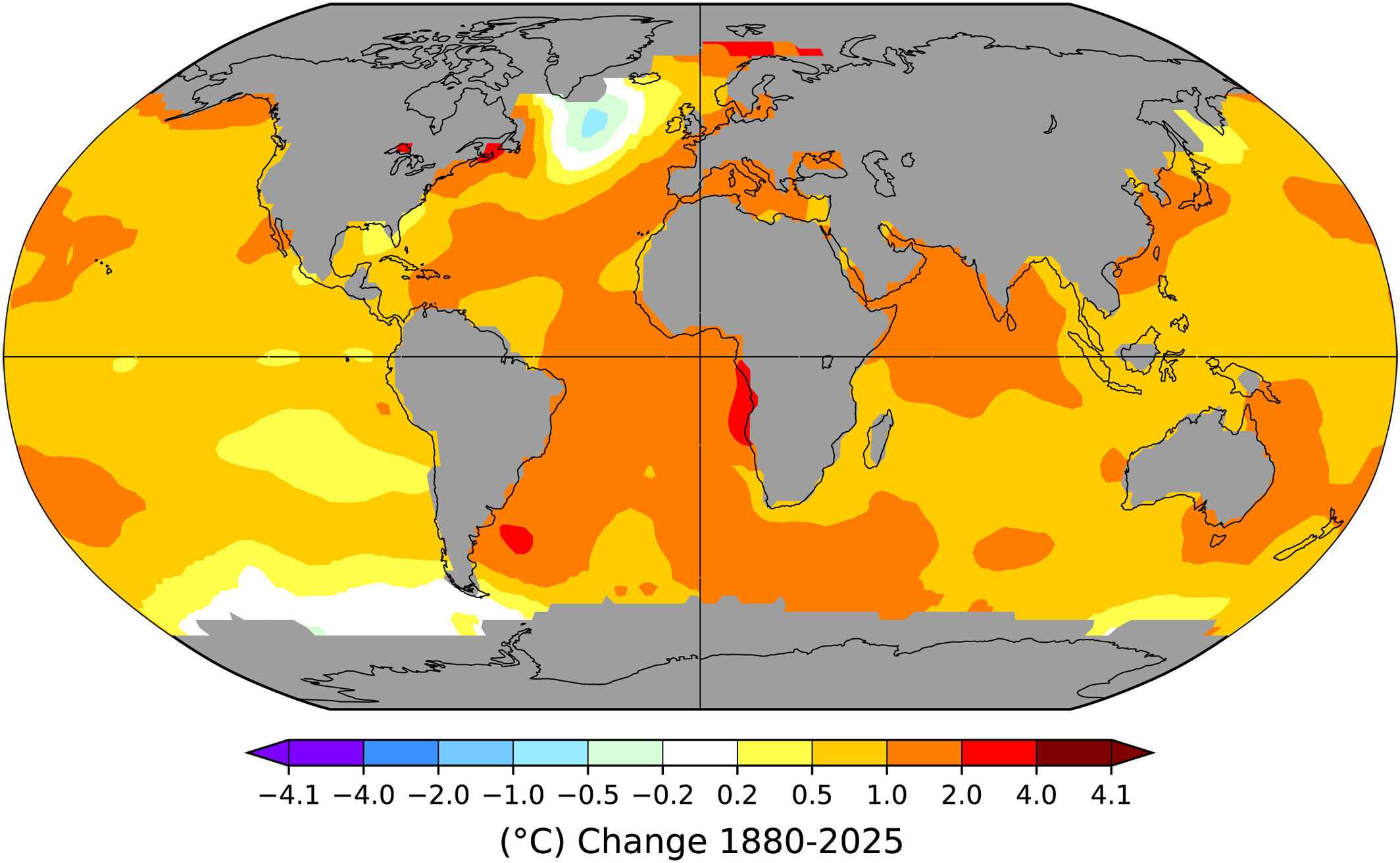 Sea-surface temperature linear trend (°C) from 1880 to 2025: check out that cold "blue" lob just under Greenland in the north Atlantic. Sea-surface temperature linear trend (°C) from 1880 to 2025: check out that cold "blue" lob just under Greenland in the north Atlantic.