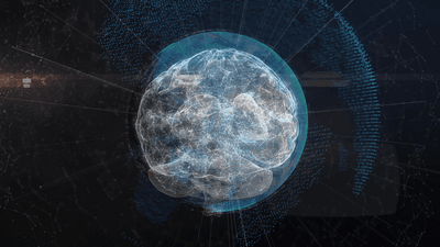 A digital brain floating around in digital space.