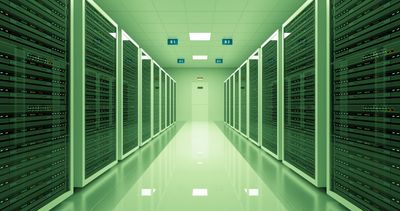 Data centre: Data and network servers behind glass. Futuristic data center ISP with flickering lights.