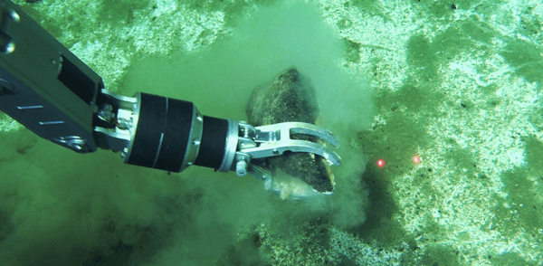 Recovery of whale fossil bones using the robotic arm of the Chinese submersible Fendouzhe on the deep seafloor of the Diamantina Zone.