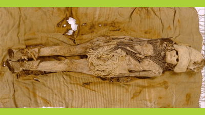 A photo showing a mummy laid out on a brown cloth. The remains show a dry, leathery looking head wearing a large cone-shaped thick hat with a feather in it. The body also has what look like ropes with it and is wearing leather boots.