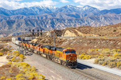 os Angeles, United States - November 3, 2022: BNSF Railway freight train at Cajon Pass near Los Angeles, United State