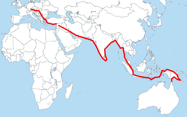 A map showing the route that Oskar Speck took on his voyage from Germany to Australia.  
