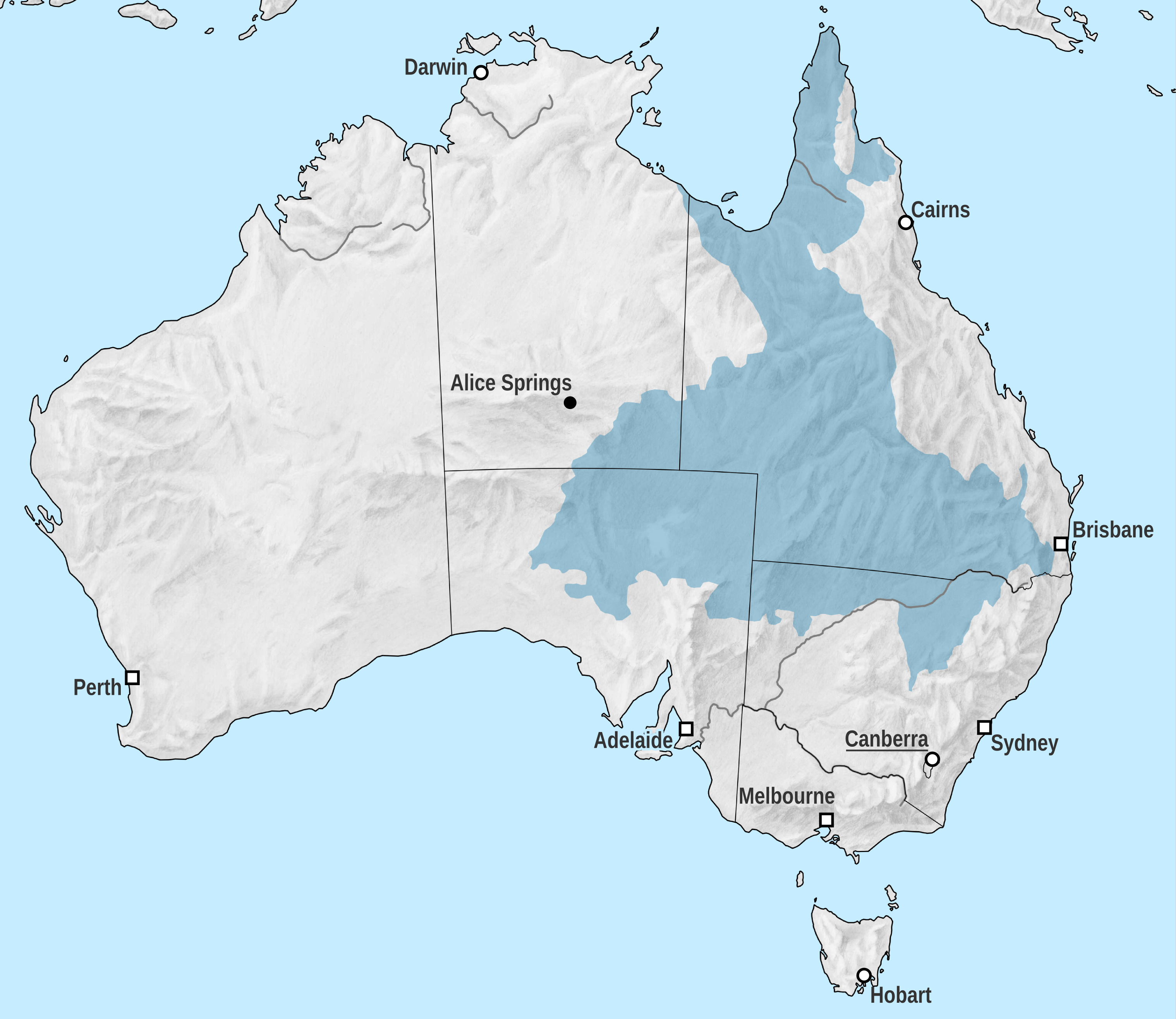 The area of the Great Artesian Basin, shown in blue. It was once thought the water entered from New Guinea, so large is its extent