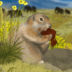 mammoths walk in the background as a group of ground squirrels feast on the carcass of a dead mammoth