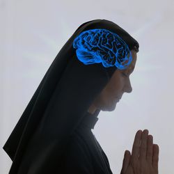 A photo showing a nun praying. She is framed on profile, facing the right. She is set against a light background with a slight glow of light around her head. An anatomical drawing of a brain has been superimposed on her head.