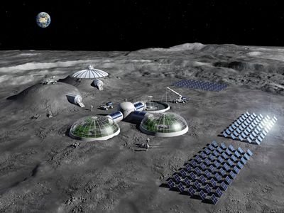 artist impression of a moonbase with solar panels, biospheres, and buried labs.