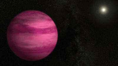 artist impression of a bright pink planet with a distant bright star