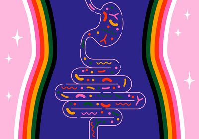 2D illustration of gut microbes; a colourful depiction of a human abdomen and digestive system with multicoloured shapes representing microbes