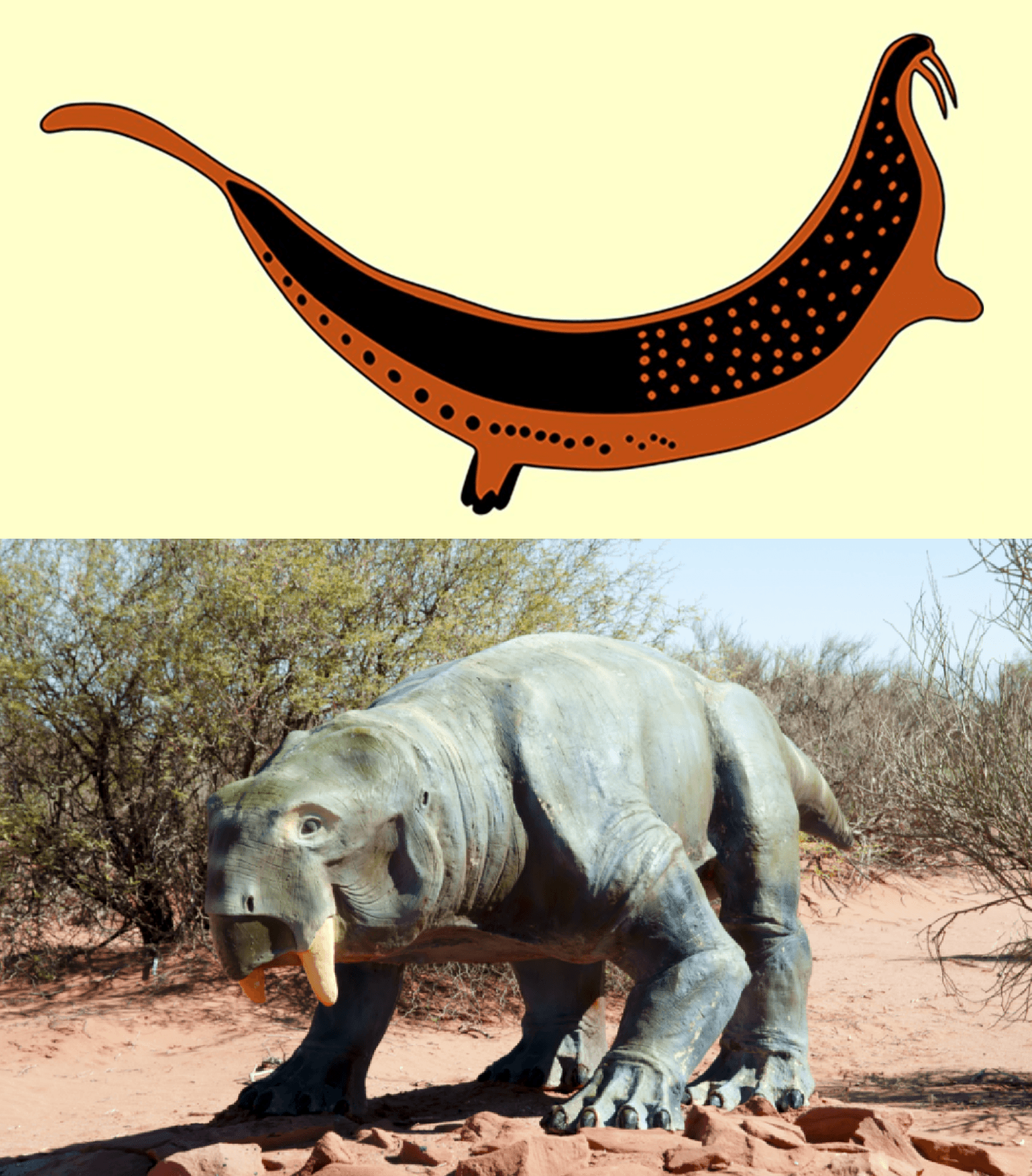 An illustration of the rock art showing a long, slender animal with what look like tusks (top), and a replica model of a dicynodonts-like animal (bottom). An illustration of the rock art showing a long, slender animal with what look like tusks (top), and a replica model of a dicynodonts-like animal (bottom).