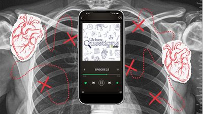 A picture of a smartphone with the "We have Questions" logo on the screen overlaid on an x-ray of a human chest and illustrations of human hearts.