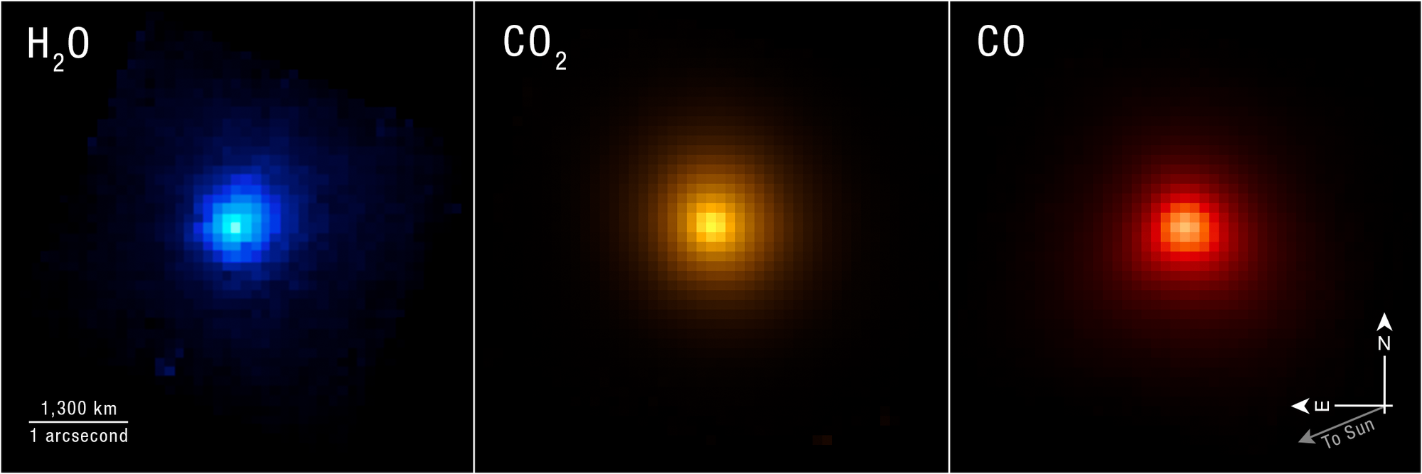 three pixeletaed views ot 3I/atlas showing water, carbon dioxide and carbon monoxide; each image highlights a part of the comet’s contents. three pixeletaed views ot 3I/atlas showing water, carbon dioxide and carbon monoxide; each image highlights a part of the comet’s contents.