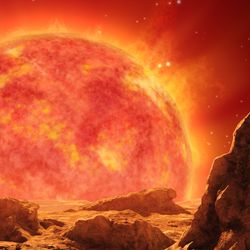 artist impression of a red giant looming on the sky of a barren rocky planet