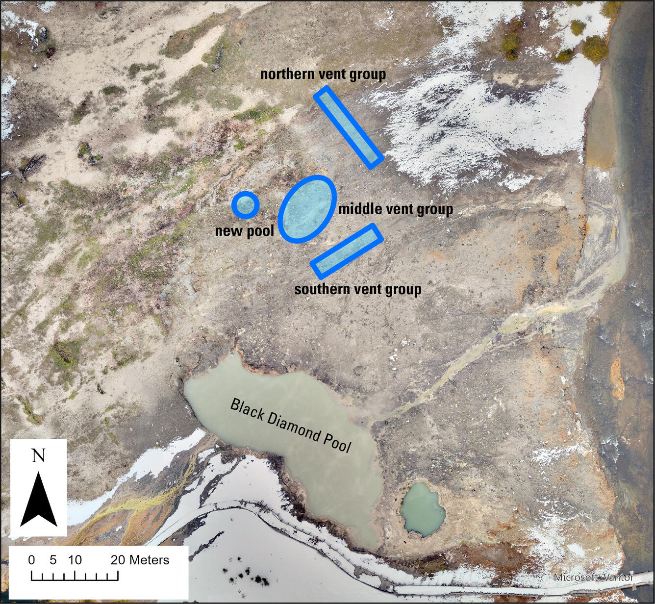 Aerial view of the Black Diamond Pool area of Biscuit Basin, Yellowstone National Park, showing the locations of northern, middle, and southern vent groups that formed as a result of a small hydrothermal explosion on June 13, 2026.  The 'new pool' developed later, between June 14 and 16.