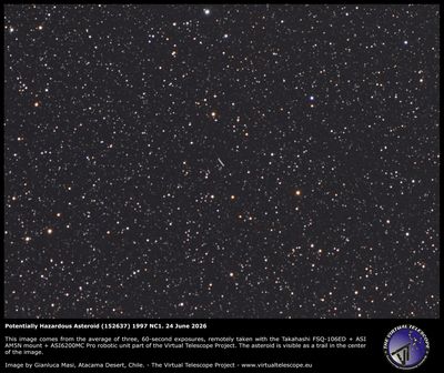 A picture of the night sky showing the stars and a line tracking the path of an asteroid.