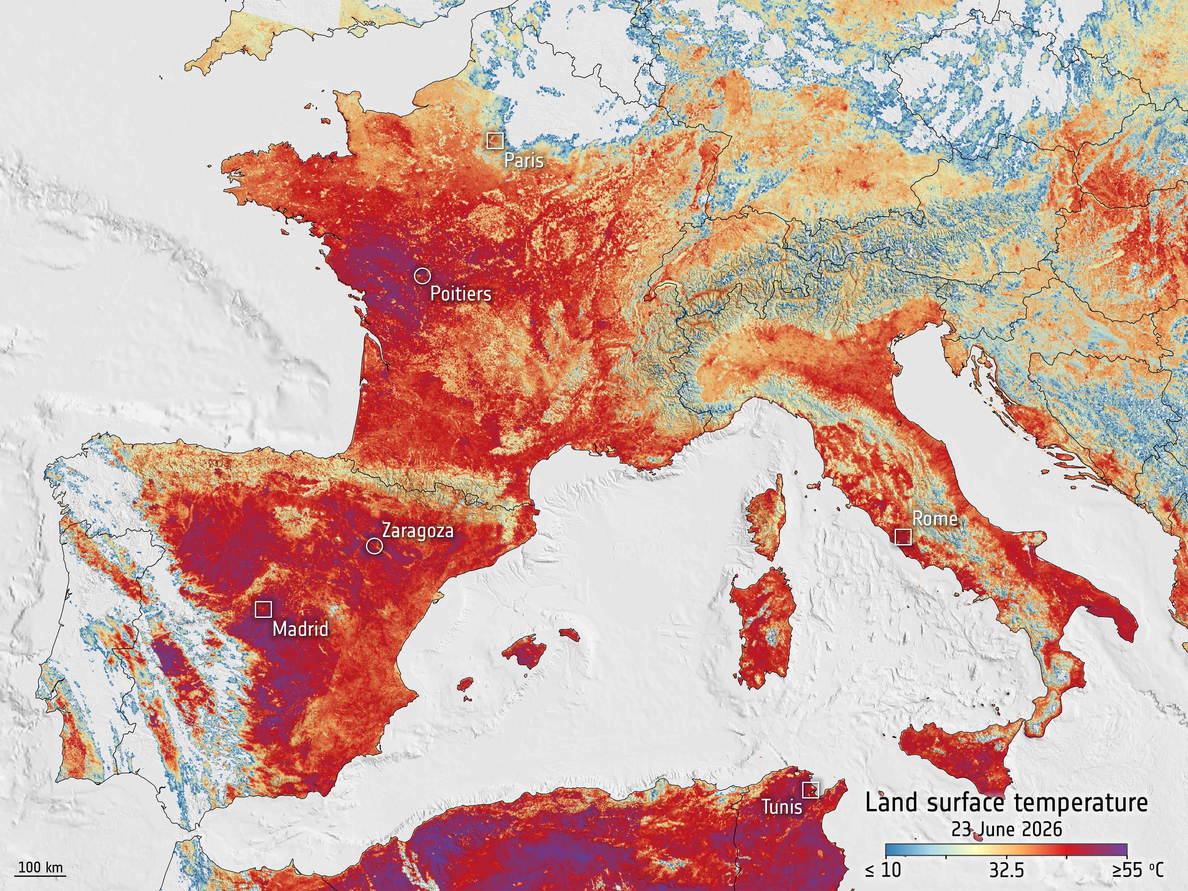 Satellite sensed land temperatures across Europe on June 23, 2026.