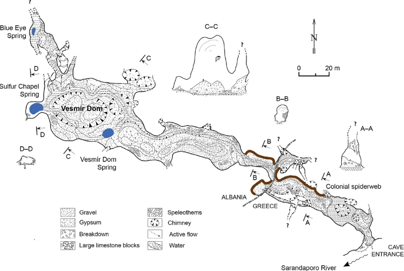 The layout of Sulfur Cave, where scientists discovered the world's largest spider web. 
