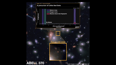 the image show the little red dot among galaxies as well as an inset showing its spectrum which is lacking in certain heavier element lines.