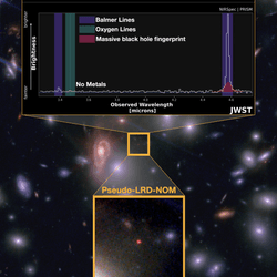 the image show the little red dot among galaxies as well as an inset showing its spectrum which is lacking in certain heavier element lines.