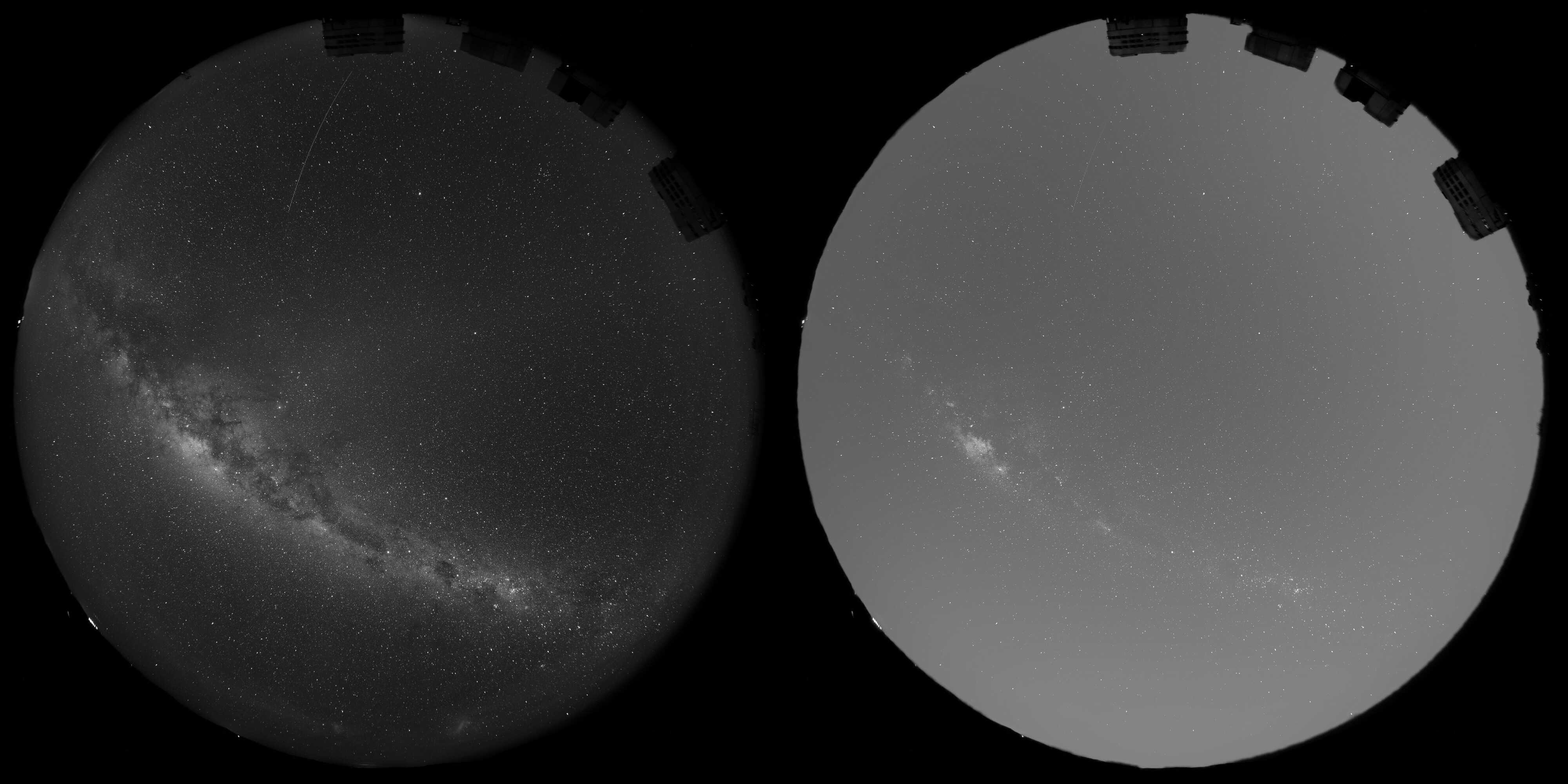two version of the same view. In oen the milky ay is clearly visible as well as countless stars, in the other every is washed out in a bright haze and features can be barely distinguished