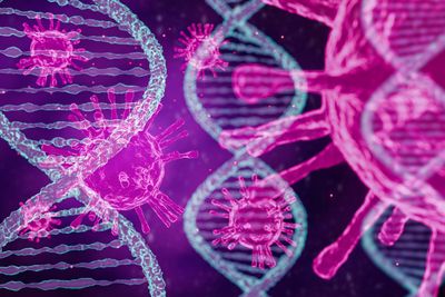 purple virus particles with vertical DNA molecules; 3D illustration