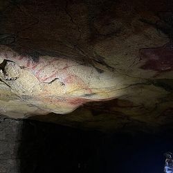 A person standing in a white hazmat suit in a cave staring up at ancient paintings on the ceiling.