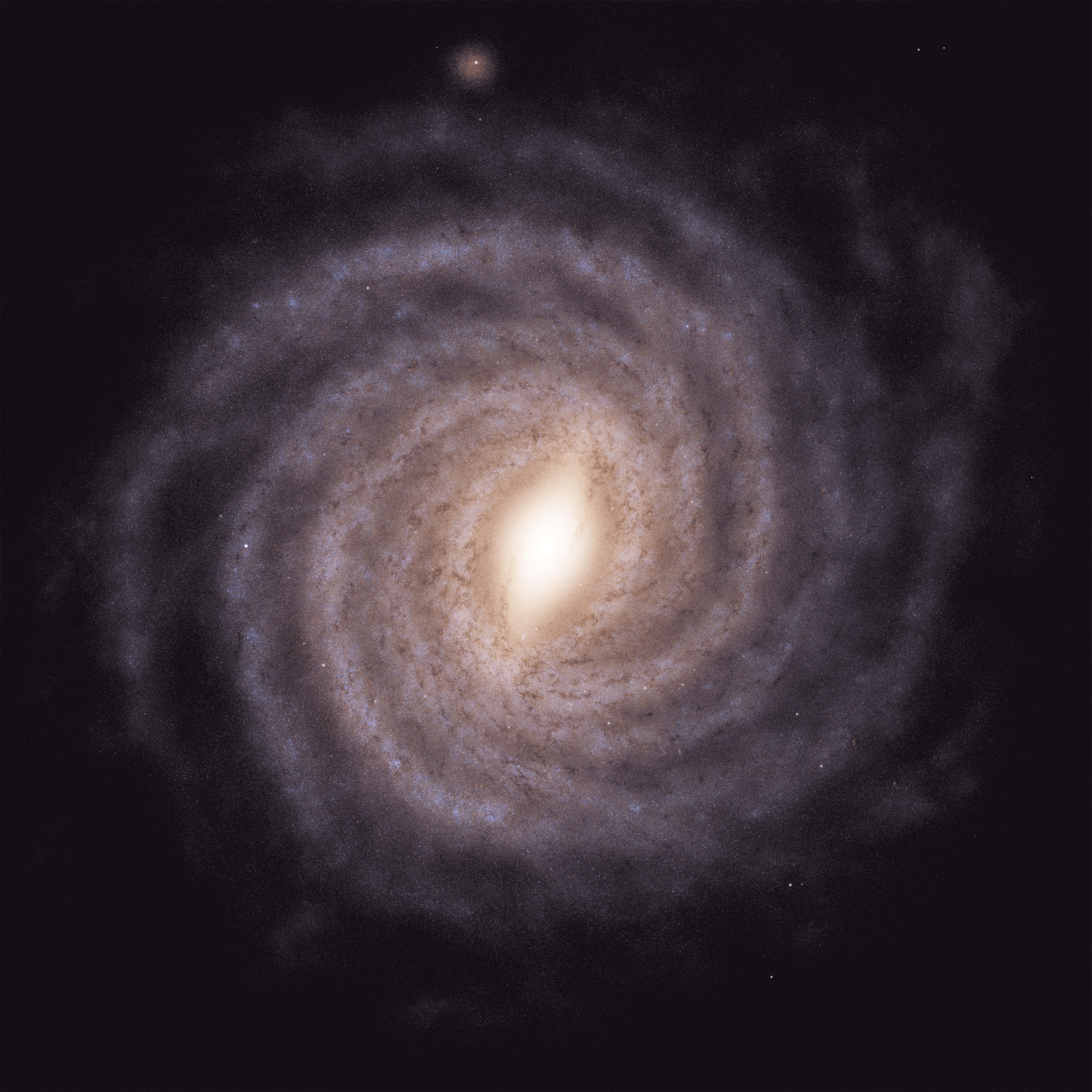 Artists's impression of the Milky Way looking down on it like a huge spiral, with originally estimated distances of the outer spiral arms morphing into the newly revised slightly further away distance in a moving gif Artists's impression of the Milky Way looking down on it like a huge spiral, with originally estimated distances of the outer spiral arms morphing into the newly revised slightly further away distance in a moving gif