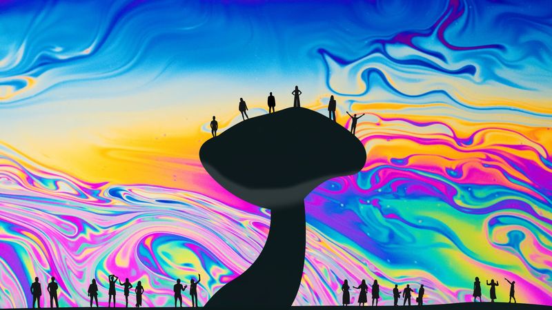 psychedelic colourful swirls overlaid with a large black silhouette of a mushroom. On top of it and to either side are silhouettes of tiny figures