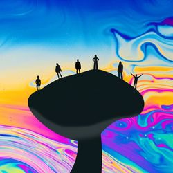 psychedelic colourful swirls overlaid with a large black silhouette of a mushroom. On top of it and to either side are silhouettes of tiny figures