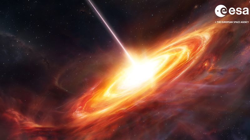 The focus of this artist impression is a fiery red-orange disc of spiralling material. The material swirls inwards towards a bright white-yellow centre, from which a thin beam-like jet of material emerges to the left, directed to the top-centre of the frame.