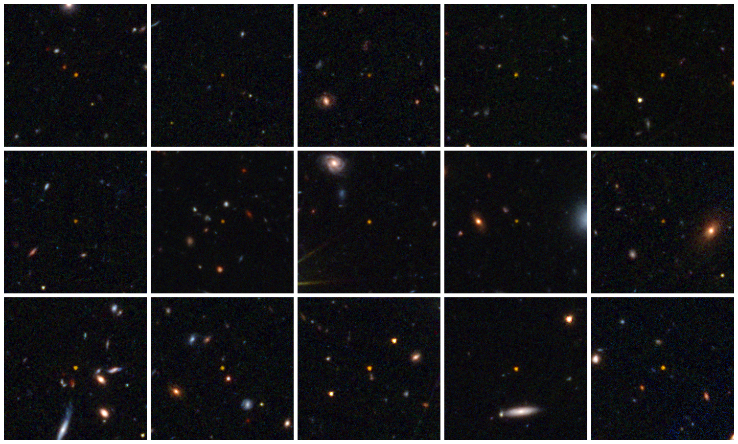 This collage with observations of the Euclid space telescope shows a grid of small, dark panels filled with tiny points and faint smudges of light. The lights vary in brightness and colour, including white, blue, yellow, and orange, with some appearing as dots and others as slightly blurred shapes. Each panel has a small label with letters and numbers at the bottom. This collage with observations of the Euclid space telescope shows a grid of small, dark panels filled with tiny points and faint smudges of light. The lights vary in brightness and colour, including white, blue, yellow, and orange, with some appearing as dots and others as slightly blurred shapes. Each panel has a small label with letters and numbers at the bottom.