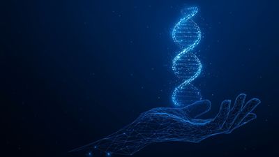 Artist impression of a virtual hand holding a virtual DNA molecule