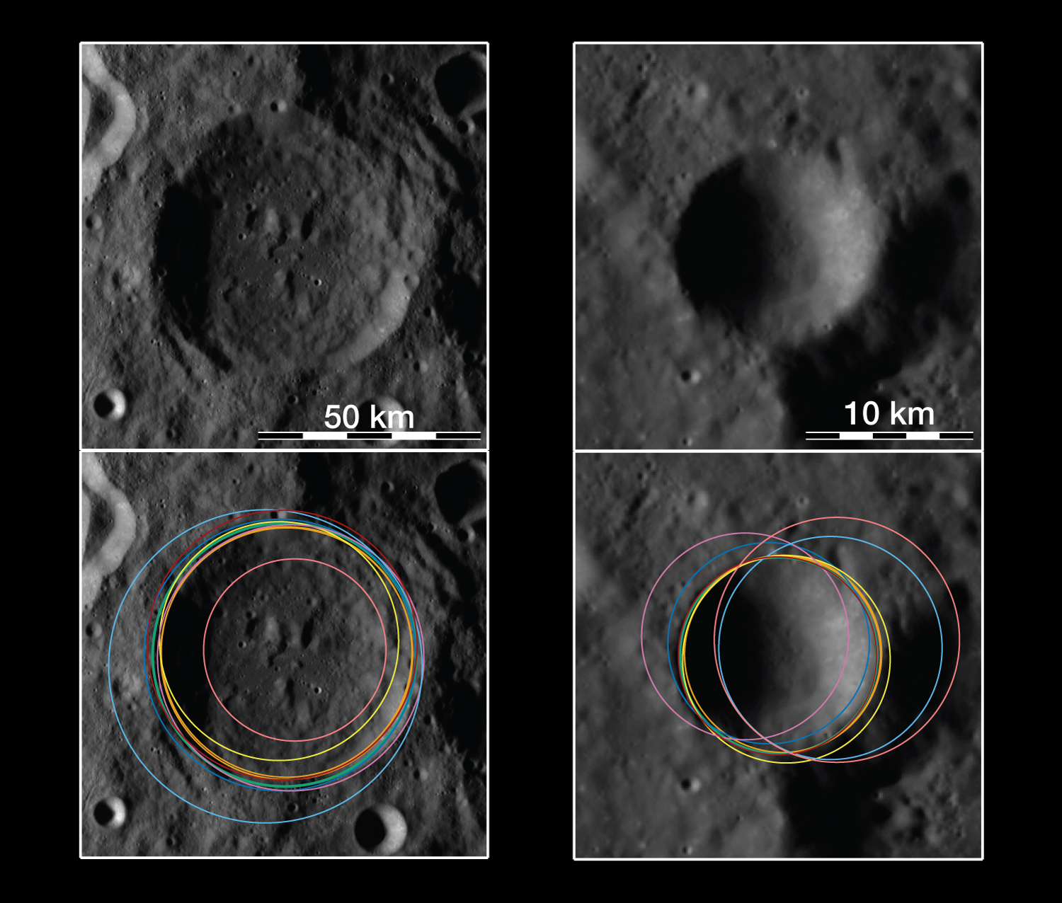 two lunar craters one of 50 kilomters and one of 10. One photo is not annotated while the other shows a series of colorful rings based on the human and ai generated position of those rings. One or two ai generated ones get close to the human while other are wildly wrong two lunar craters one of 50 kilomters and one of 10. One photo is not annotated while the other shows a series of colorful rings based on the human and ai generated position of those rings. One or two ai generated ones get close to the human while other are wildly wrong