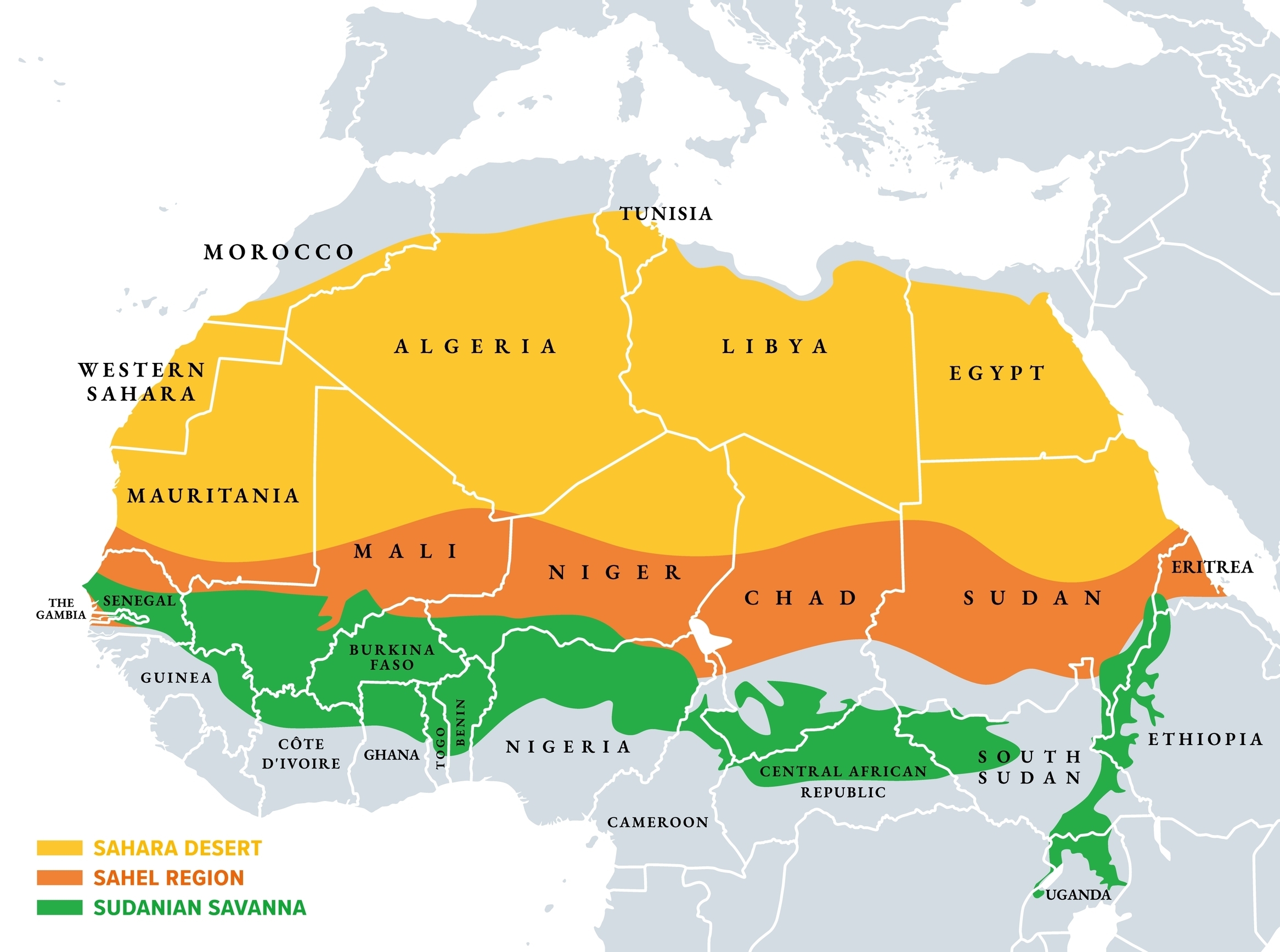 The Sahara, Sahel, and Sudanian savanna bioregions of Africa.