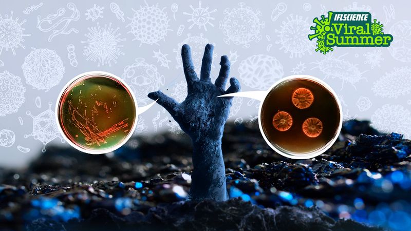 zombie hand emerging from a rocky black and blue earth with two circles zooming out from it showing petri dishes of micro organisms. The background shows illustrations of microbes in white on a pale grey and there's a green logo in the top right that reads IFLScience Viral Summer.